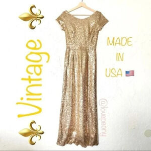 Vintage Gold Sequin Gown Cap Sleeve Maxi Dress